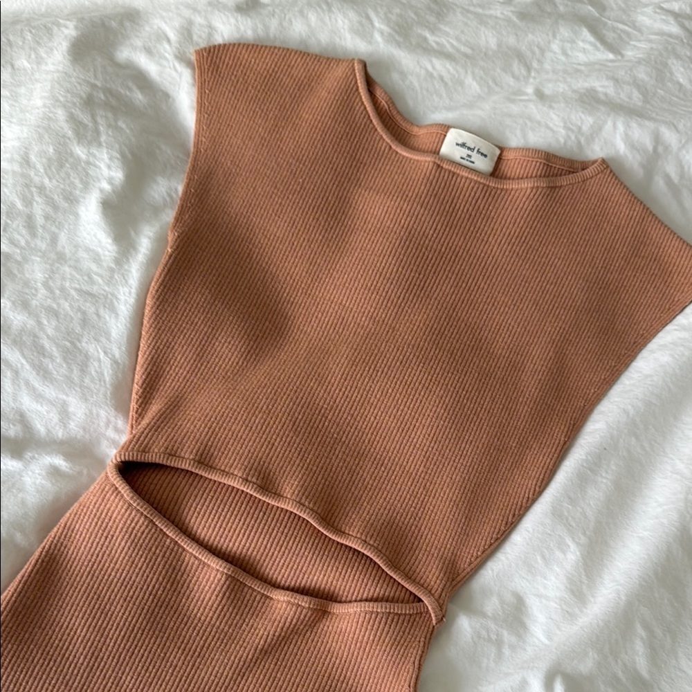 Aritzia Wilfred Free Cut-Out Knit Mini Dress in tan-ish pink color